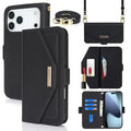 For iPhone 18 Pro Max / 17 Pro Max Stand Case Cross Texture PU Leather Wallet Phone Cover with Shoulder Strap  /  Makeup Mirror - Black