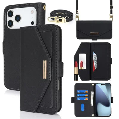 For iPhone 18 Pro Max / 17 Pro Max Stand Case Cross Texture PU Leather Wallet Phone Cover with Shoulder Strap  /  Makeup Mirror - Black