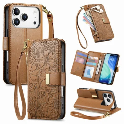 For iPhone 18 Pro Max / 17 Pro Max Case Floral Leaf Pattern Multi Card Slots Zipper Leather Phone Cover with Wrist Strap - Brown