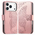 For iPhone 18 Pro Max / 17 Pro Max Case with Strap Butterfly Pattern PU Leather Wallet Phone Cover - Rose Gold