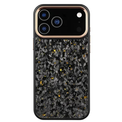 For iPhone 18 Pro Max / 17 Pro Max Magnetic Case Forged Texture Aramid Fiber + TPU Phone Cover with Metal Lens Frame - Gold Lens Frame + Gold