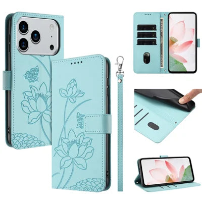 For iPhone 18 Pro Max / 17 Pro Max Case Wallet Stand Lotus Imprint Leather Phone Cover with Wrist Strap - Green