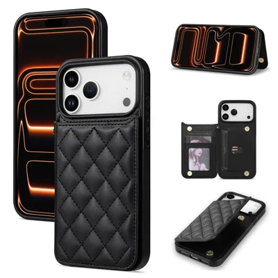 For iPhone 18 Pro Max / 17 Pro Max Case with Wrist Strap Card Slots Rhombus Leather + TPU Phone Cover - Black