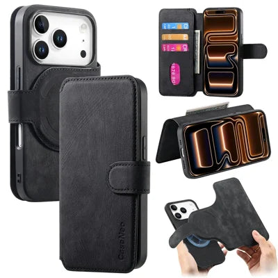 CASENEO MW-03 For iPhone 18 Pro Max / 17 Pro Max Case with Detachable Wallet Leather + TPU Phone Cover - Black