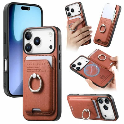 For iPhone 18 Pro Max / 17 Pro Max Case Cloth Texture Leather + PC + TPU Phone Cover with Detachable Magnetic Ring Kickstand Card Holder - Brown