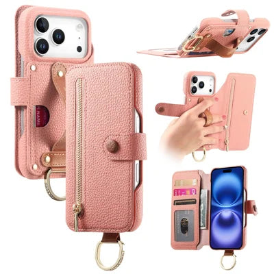 For iPhone 18 Pro Max / 17 Pro Max Case RFID Blocking Zipper Wallet PU Leather Mobile Cover - Pink