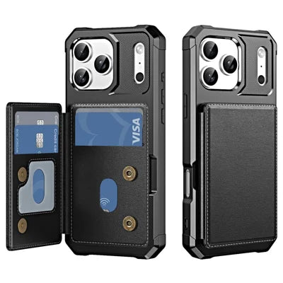 For iPhone 18 Pro Max / 17 Pro Max Case Card Slot Kickstand Leather + TPU Reinforced Corner Phone Cover - Black