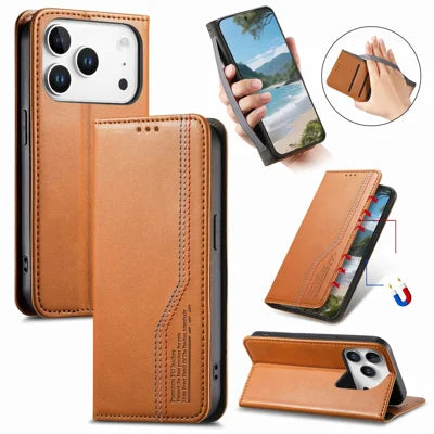 For iPhone 18 Pro Max / 17 Pro Max Case Wallet Tri-Color Stitching Leather Phone Cover with Elastic Wristband - Brown