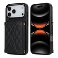 For iPhone 18 Pro Max / 17 Pro Max Case Card Holders RFID Blocking PU Leather + TPU Phone Back Cover with Shoulder Strap - Black