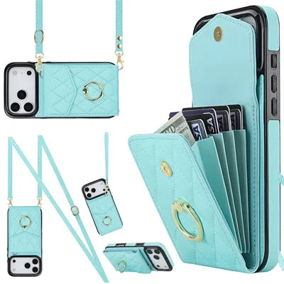 For iPhone 18 Pro Max / 17 Pro Max Case RFID Blocking Card Bag Leather + TPU Crossbody Phone Cover with Ring Kickstand - Mint Green
