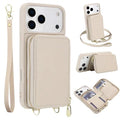 For iPhone 18 Pro Max / 17 Pro Max Case RFID Blocking Zipper Wallet Leather + TPU Phone Cover with Shoulder Strap - Apricot