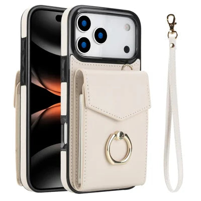 For iPhone 18 Pro Max / 17 Pro Max Case Leather + TPU Accordion Card Bag Phone Cover with Ring Kickstand - Beige