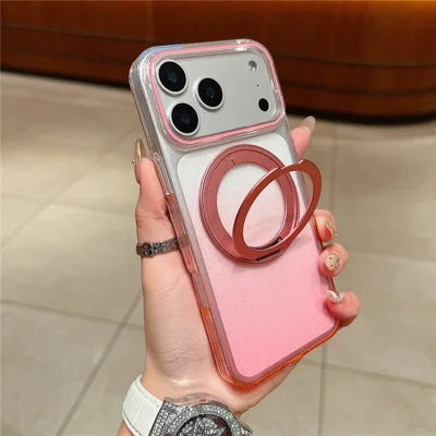 For iPhone 18 Pro Max / 17 Pro Max Magnetic Case 360 Rotating Ring Kickstand Gradient Clear TPU Phone Back Cover - Pink