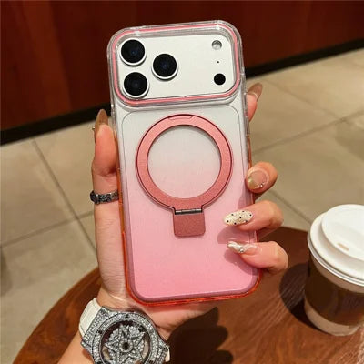 For iPhone 18 Pro Max / 17 Pro Max Magnetic Case Kickstand Gradient Clear TPU Phone Back Cover - Pink