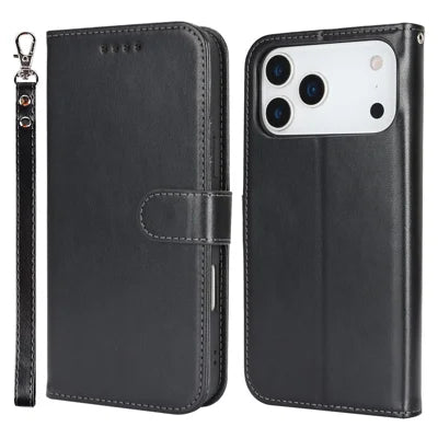 For iPhone 18 Pro Max / 17 Pro Max Case R61 Texture Wallet Leather Flip Phone Cover with Wrist Strap - Black