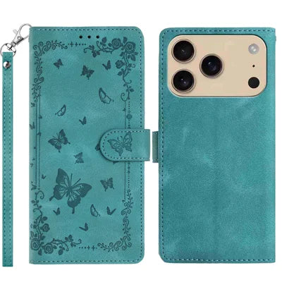 For iPhone 18 Pro Max / 17 Pro Max Case Garden Imprinted PU Leather Wallet Phone Cover with Wrist Strap - Green