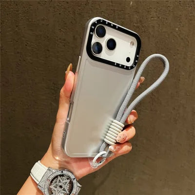 For iPhone 18 Pro Max / 17 Pro Max Case Black Lens Frame Metal Paint Finish PC + TPU Phone Back Cover with Wrist Strap - Silver
