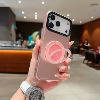 For iPhone 18 Pro Max / 17 Pro Max Magnetic Case Rotating Kickstand Black Lens Frame Metal Paint Finish PC TPU Phone Cover - Rose Gold