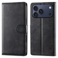 For iPhone 18 Pro Max / 17 Pro Max Case Stand Wallet Calf Texture PU Leather Flip Phone Cover with Wrist Strap - Black
