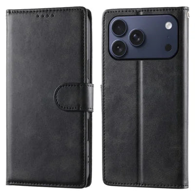 For iPhone 18 Pro Max / 17 Pro Max Case Stand Wallet Calf Texture PU Leather Flip Phone Cover with Wrist Strap - Black