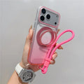 For iPhone 18 Pro Max / 17 Pro Max Magnetic Case 360 Rotating Ring Kickstand Gradient Clear TPU Phone Back Cover with Wrist Strap - Pink