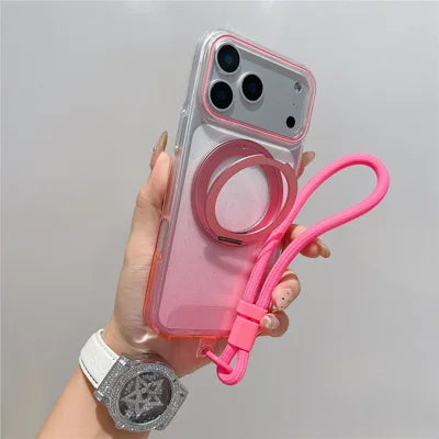 For iPhone 18 Pro Max / 17 Pro Max Magnetic Case 360 Rotating Ring Kickstand Gradient Clear TPU Phone Back Cover with Wrist Strap - Pink
