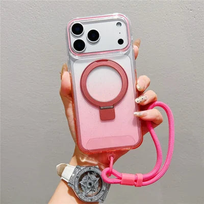 For iPhone 18 Pro Max / 17 Pro Max Magnetic Case Kickstand Gradient Clear TPU Phone Back Cover with Wrist Strap - Pink