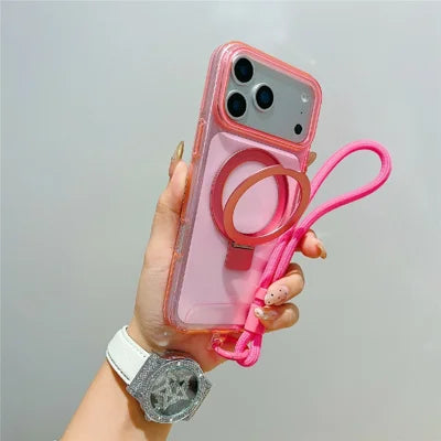 For iPhone 18 Pro Max / 17 Pro Max Magnetic Case Kickstand Clear TPU Phone Back Cover with Wrist Strap - Pink