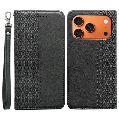 For iPhone 18 Pro Max / 17 Pro Max Wallet Phone Case Checkered Pattern Imprint Leather Flip Cover with Wrist Strap - Black