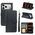For iPhone 18 Pro Max / 17 Pro Max Wallet Case Magnetic Snap Leather Phone Cover with Strap - Black