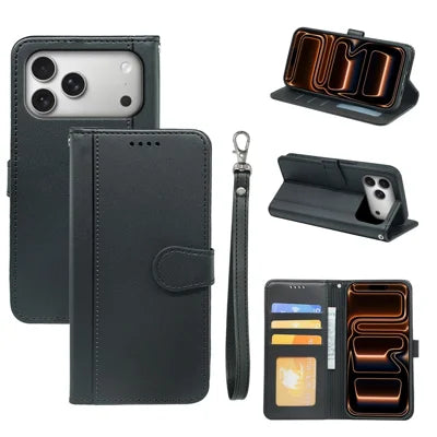For iPhone 18 Pro Max / 17 Pro Max Wallet Case Magnetic Snap Leather Phone Cover with Strap - Black