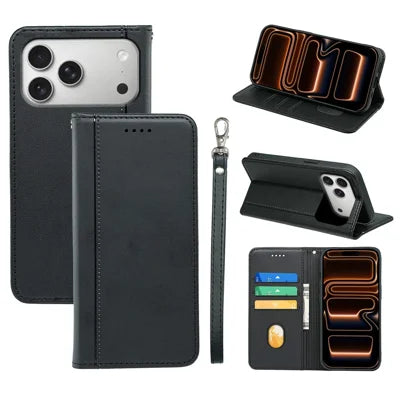 For iPhone 18 Pro Max / 17 Pro Max Wallet Case Magnetic Closing PU Leather Phone Cover with Wrist Strap - Black