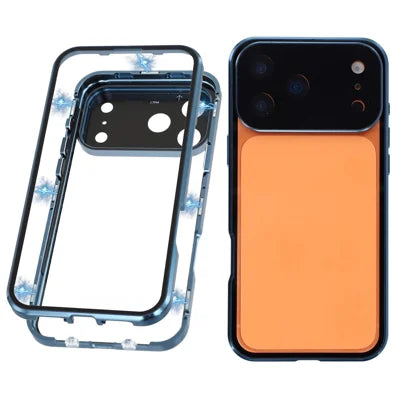For iPhone 18 Pro Max / 17 Pro Max Case Ultra Clear Double-Sided Tempered Glass + Magnetic Metal Frame Phone Cover - Blue