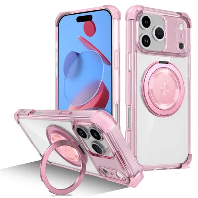 For iPhone 18 Pro Max / 17 Pro Max Case Compatible with MagSafe Rotating Kickstand PC + TPU Back Cover - Transparent Pink
