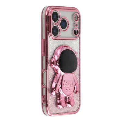 For iPhone 18 Pro Max / 17 Pro Max Case with Astronaut Kickstand PC + TPU Phone Cover Shiny Glitter - Pink