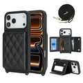 For iPhone 18 Pro Max / 17 Pro Max Case with Lanyard  /  Mirror  /  Card Holder Grids Pattern RFID Blocking Phone Cover - Black