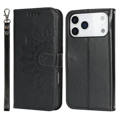 For iPhone 18 Pro Max / 17 Pro Max Case Textured Leather Wallet Phone Cover with Strap - Black