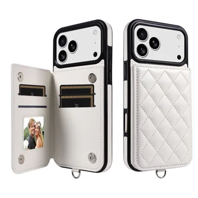 For iPhone 18 Pro Max / 17 Pro Max Case Card Bag Kickstand Leather Coated TPU Phone Cover with Wrist Strap - White