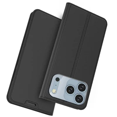 For iPhone 18 Pro Max / 17 Pro Max Case PU Leather Phone Cover with Card Holder Stand - Black