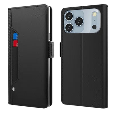 For iPhone 18 Pro Max / 17 Pro Max Case Stand PU Leather Phone Cover Card Holder Mirror - Black
