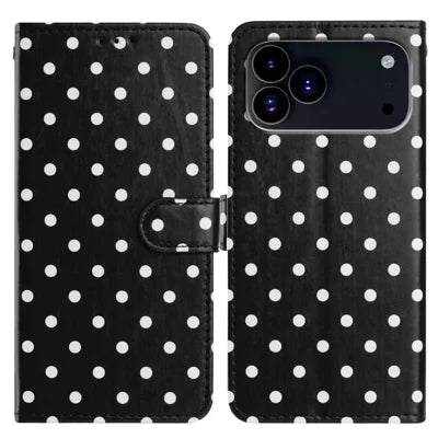 For iPhone 18 Pro Max / 17 Pro Max Leather Case Polka Dot Pattern Wallet Stand Folio Phone Cover - Black