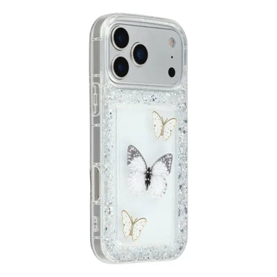 For iPhone 18 Pro Max / 17 Pro Max Case DIY Butterfly Glitter Epoxy Soft TPU Phone Back Cover - White