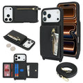 For iPhone 18 Pro Max / 17 Pro Max Case Card Bag Ring Holder Litchi Texture Leather+TPU Phone Cover with Long Strap - Black