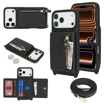 For iPhone 18 Pro Max / 17 Pro Max Case Card Bag Ring Holder Litchi Texture Leather+TPU Phone Cover with Long Strap - Black