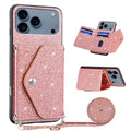 For iPhone 18 Pro Max / 17 Pro Max Case Card Holder Kickstand PU Leather + TPU Glitter Phone Cover with Shoulder Strap - Pink