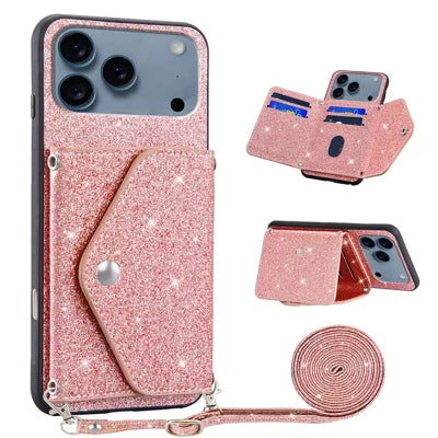 For iPhone 18 Pro Max / 17 Pro Max Case Card Holder Kickstand PU Leather + TPU Glitter Phone Cover with Shoulder Strap - Pink