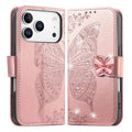 For iPhone 18 Pro Max / 17 Pro Max Case 3D Rhinestone Decor Butterfly Flower Leather Phone Cover with Wrist Strap - Rose Gold