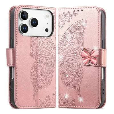 For iPhone 18 Pro Max / 17 Pro Max Case 3D Rhinestone Decor Butterfly Flower Leather Phone Cover with Wrist Strap - Rose Gold