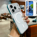 For iPhone 18 Pro Max / 17 Pro Max Case Compatible with MagSafe Corrugated Texture PC Phone Cover with Tempered Glass Film - Blue  /  White