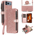 ASUWISH For iPhone 18 Pro Max / 17 Pro Max Case 10 Card Holder Glitter Leather Phone Cover with Crossbody Strap - Rose Gold